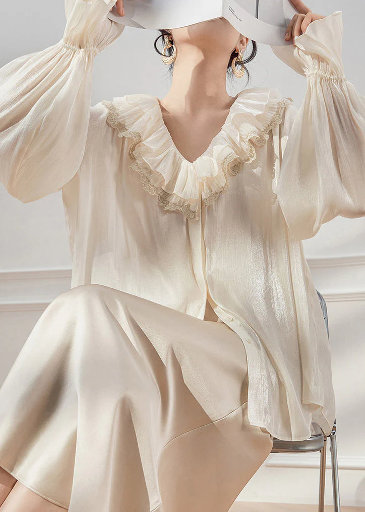 Elegant White V Neck Ruffled Shirts Spring - Image 5