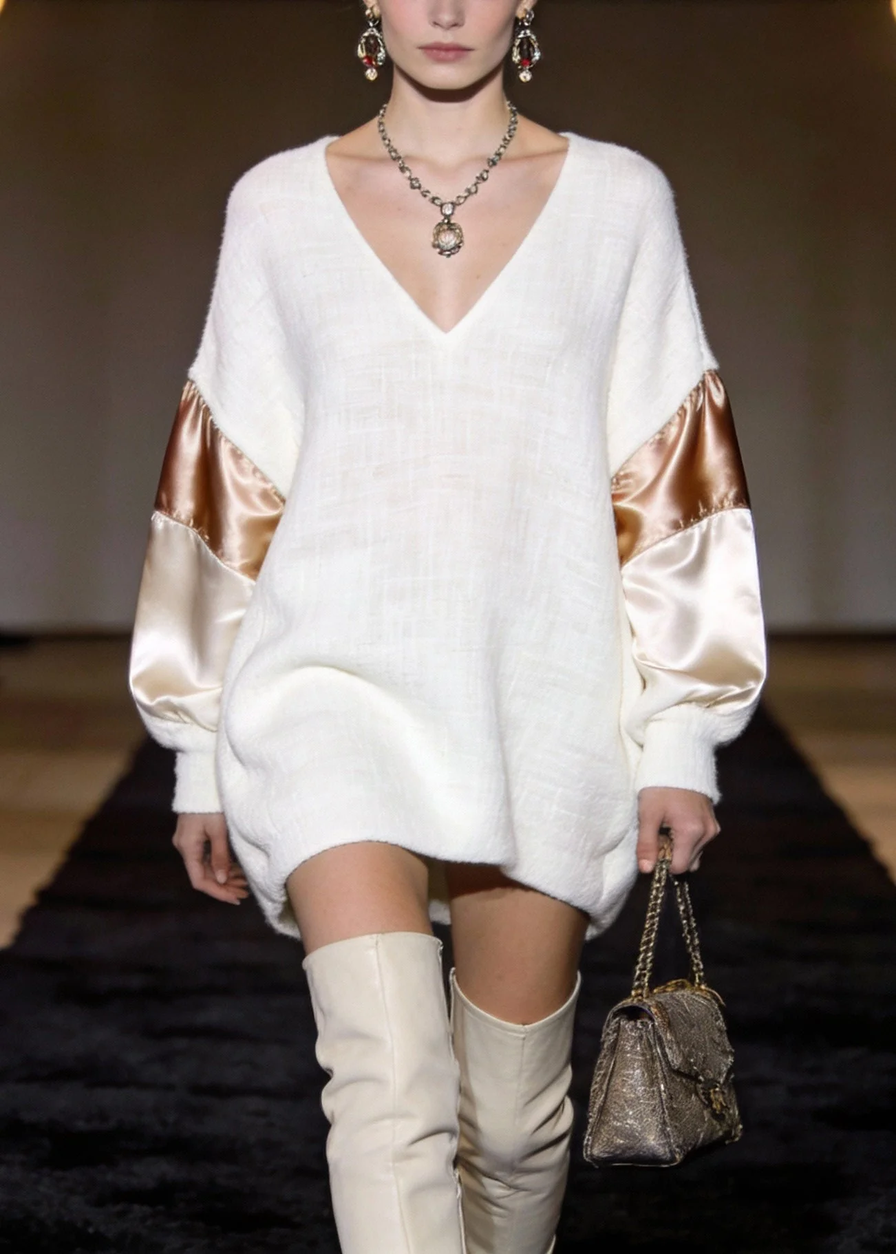 Elegant White V Neck Silk Patchwork Mini Dresses Spring - Image 3
