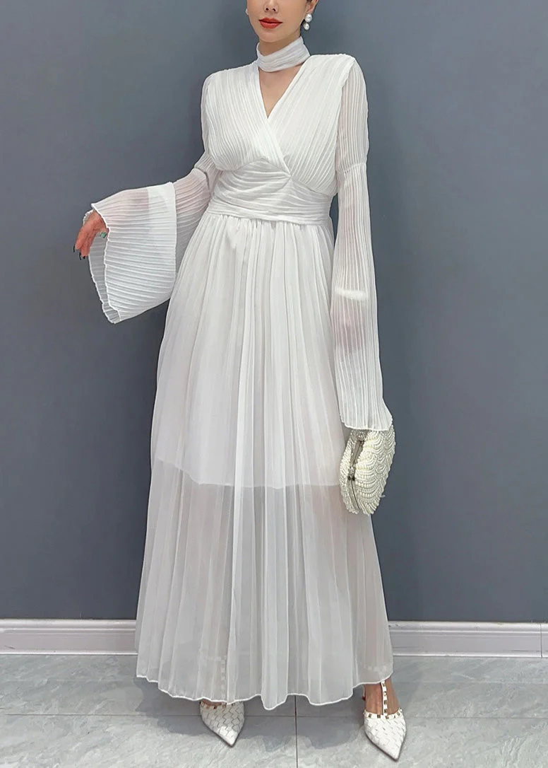 Elegant White V Neck Solid Chiffon Long Dresses Fall - Image 2