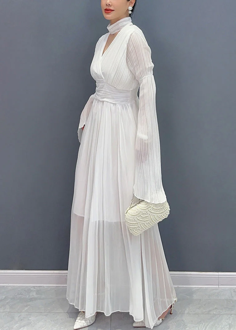 Elegant White V Neck Solid Chiffon Long Dresses Fall - Image 3