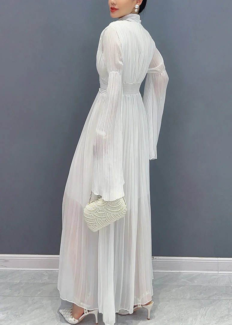 Elegant White V Neck Solid Chiffon Long Dresses Fall - Image 4