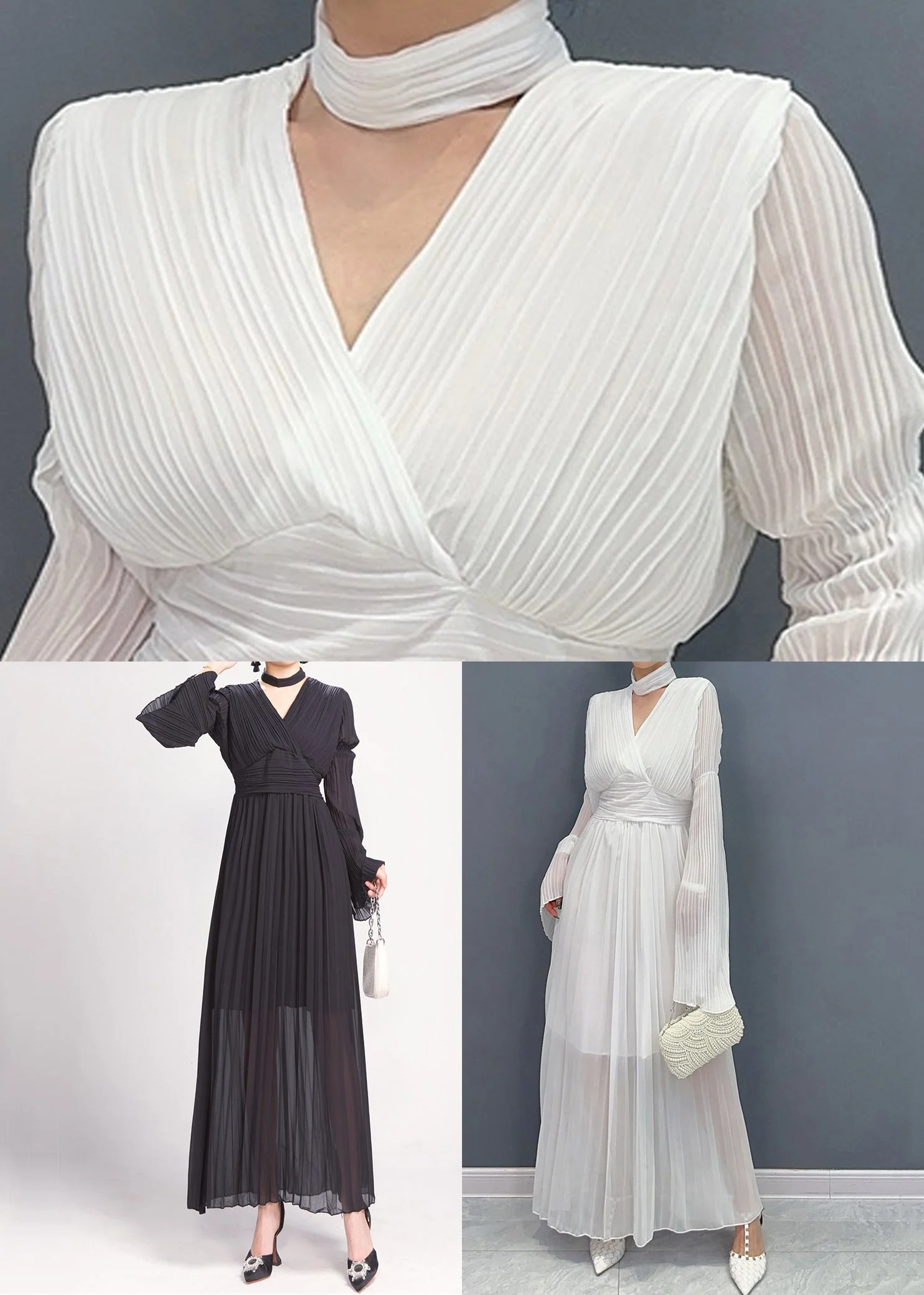 Elegant White V Neck Solid Chiffon Long Dresses Fall - Image 5