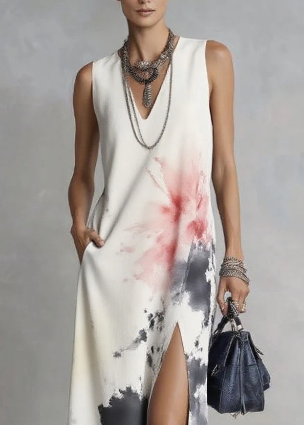 Elegant White V Neck Tie Dye Maxi Dresses Sleeveless - Image 2