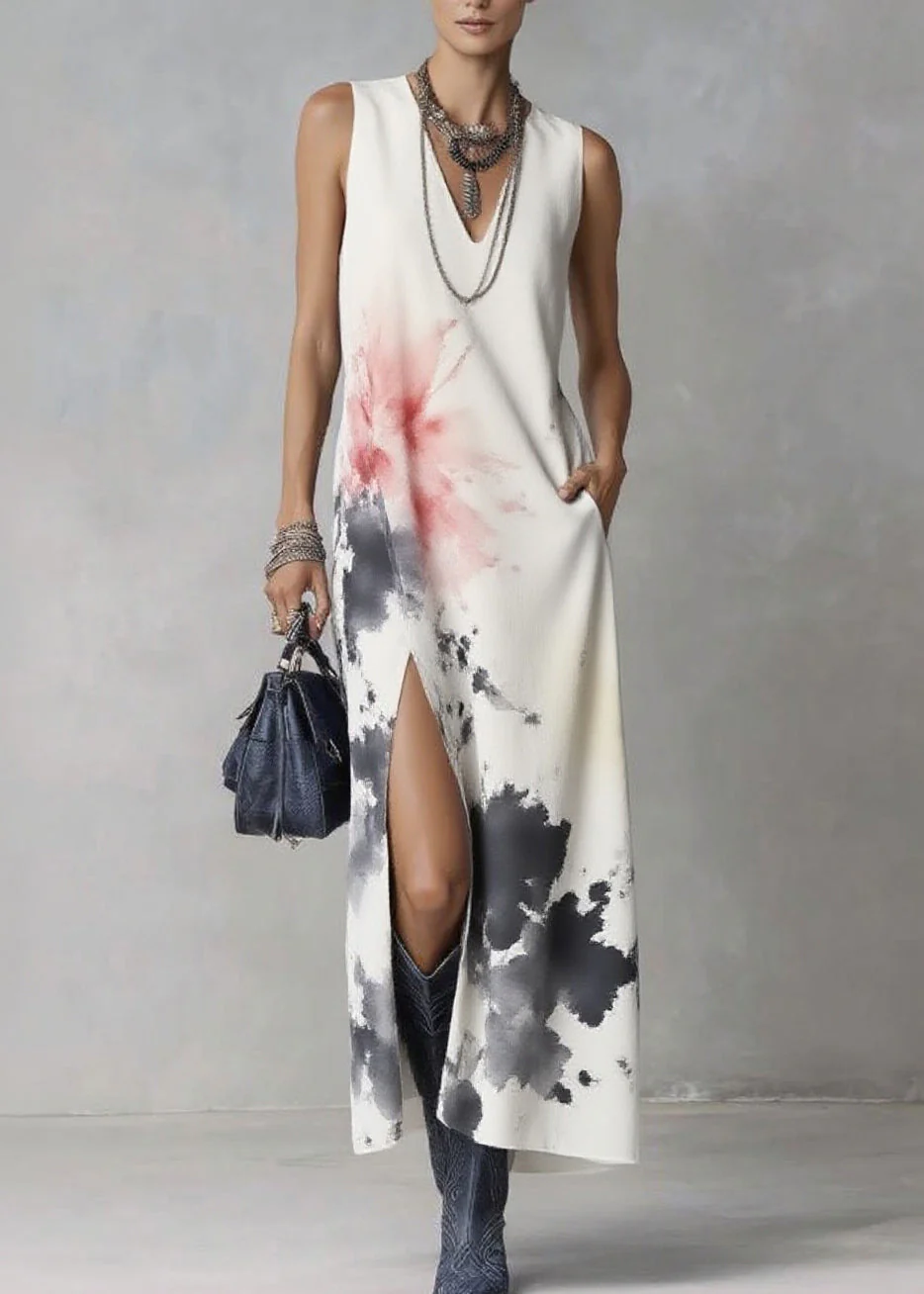 Elegant White V Neck Tie Dye Maxi Dresses Sleeveless - Image 3