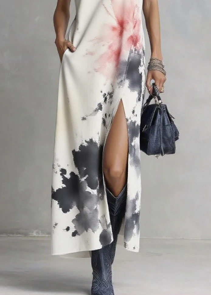Elegant White V Neck Tie Dye Maxi Dresses Sleeveless - Image 4