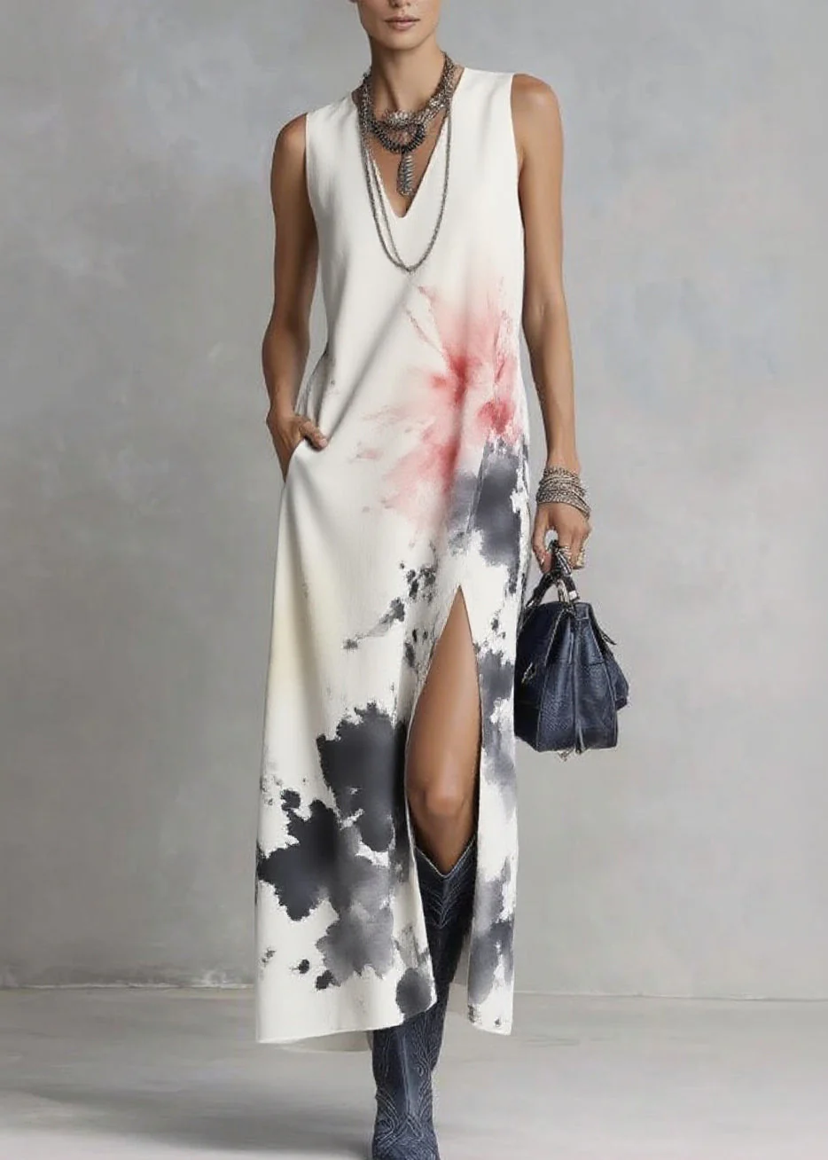 Elegant White V Neck Tie Dye Maxi Dresses Sleeveless - Image 5