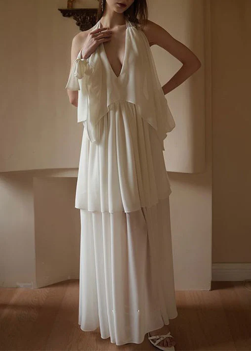 Elegant White V Neck Wrinkled Chiffon Dress Sleeveless - Image 2
