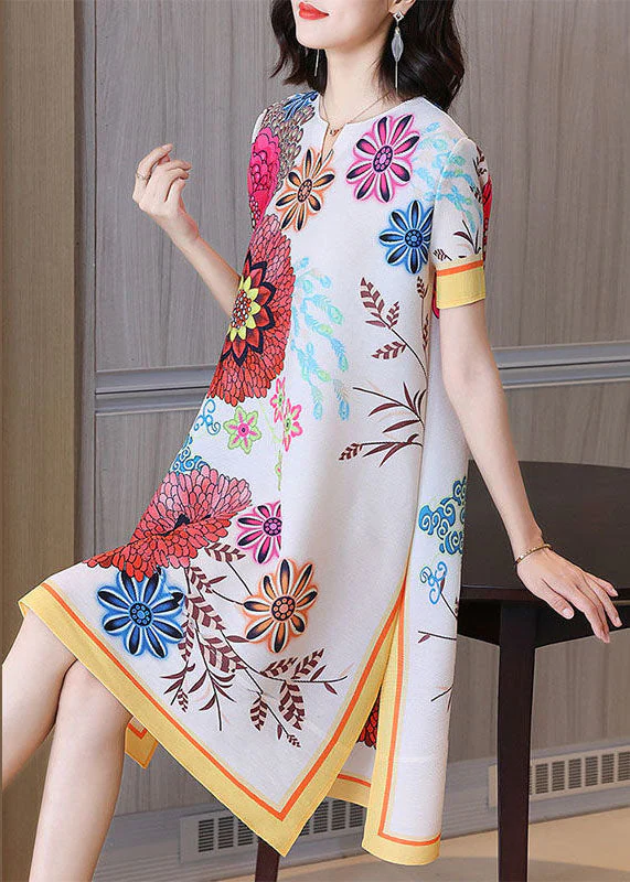 Elegant White V Neck Wrinkled Print Side Open Silk Maxi Dresses Short Sleeve - Image 2