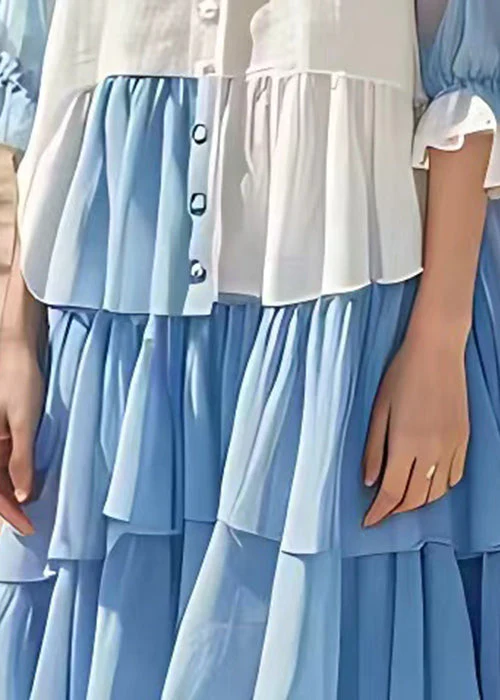Elegant White Wrinkled Button Chiffon Long Dress Flare Sleeve - Image 5