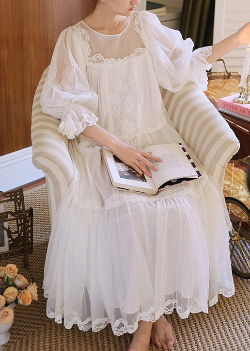 Elegant White Wrinkled Lace Patchwork Tulle Pajamas Dresses Half Sleeve - Image 2