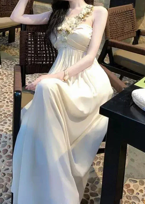 Elegant White Zircon Floral Wrinkled Patchwork Cotton Long Dress Sleeveless - Image 2