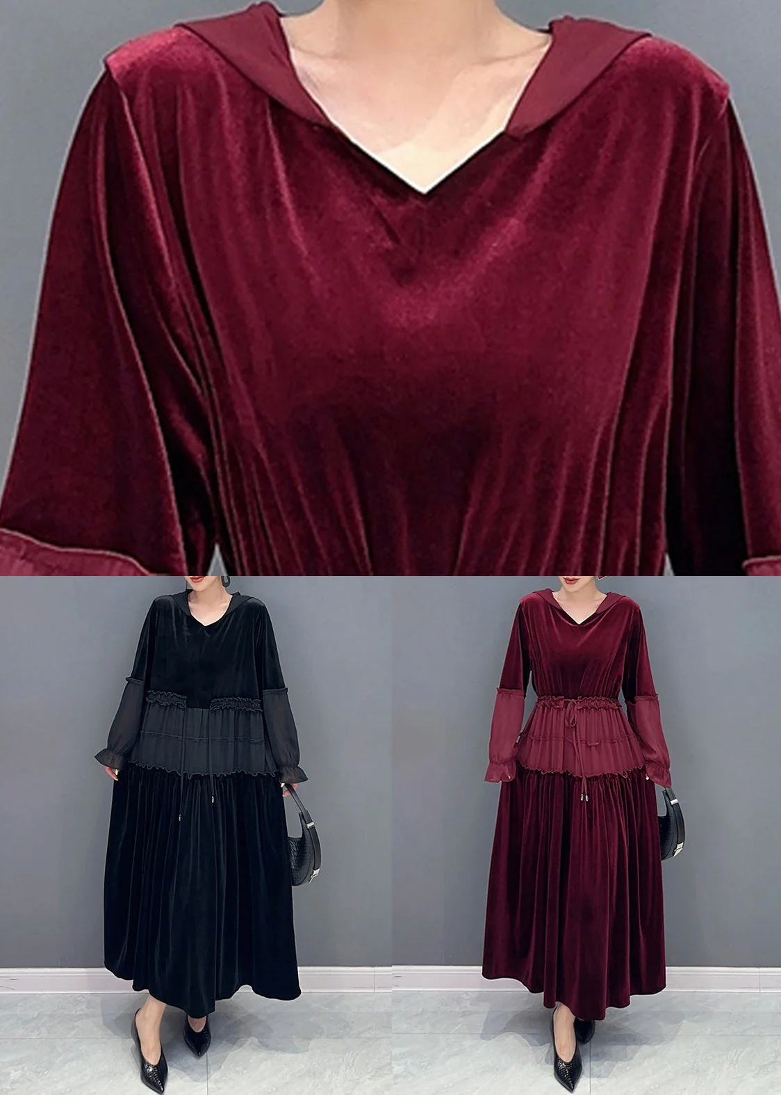 Elegant Wine Red Ruffled Lace Up Patchwork Velour Long Dresses Fall - Image 5
