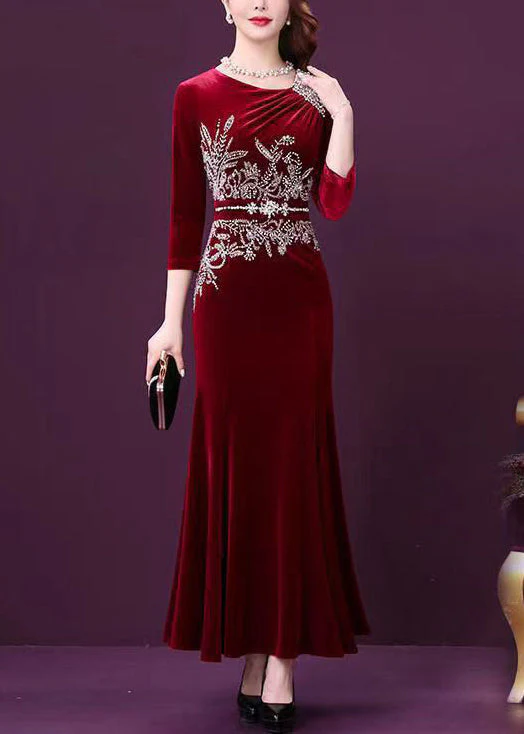 Elegant Wine Red Zircon Patchwork Silk Velour Fishtail Skirt Dress Half Sleeve - Image 2