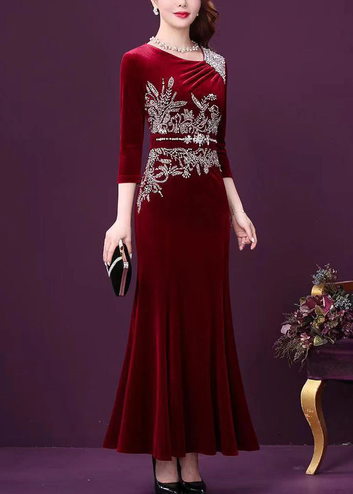 Elegant Wine Red Zircon Patchwork Silk Velour Fishtail Skirt Dress Half Sleeve - Image 3
