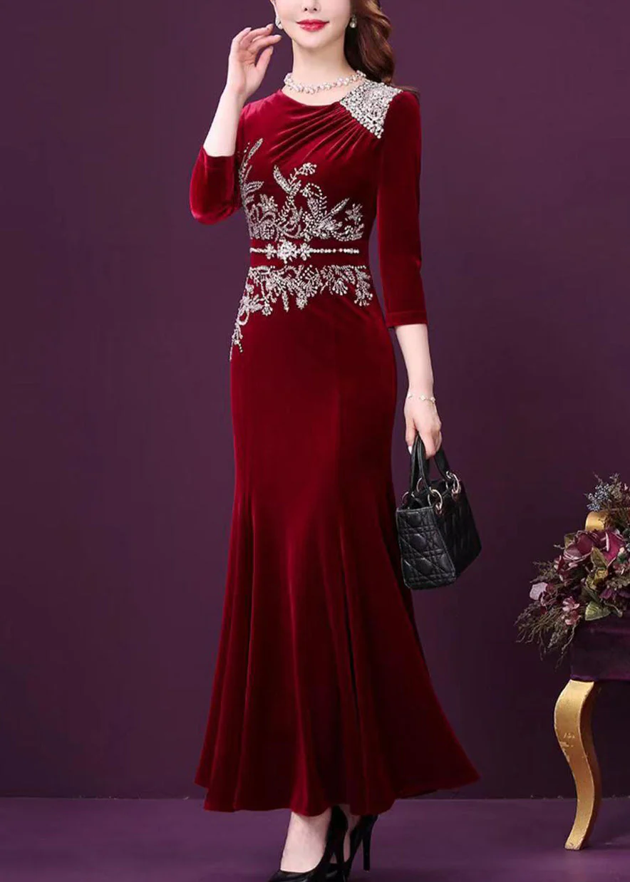 Elegant Wine Red Zircon Patchwork Silk Velour Fishtail Skirt Dress Half Sleeve - Image 4