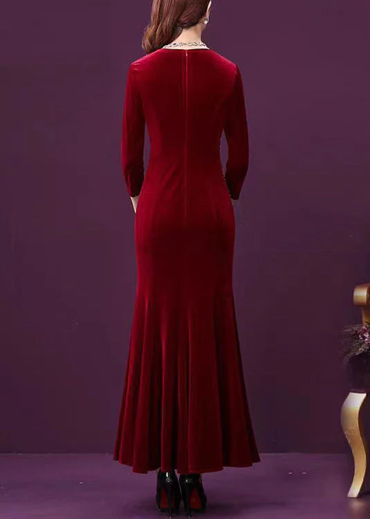 Elegant Wine Red Zircon Patchwork Silk Velour Fishtail Skirt Dress Half Sleeve - Image 5