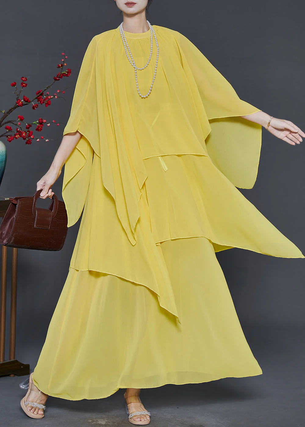 Elegant Yellow Chiffon Long Dresses Asymmetrical Design Summer - Image 2