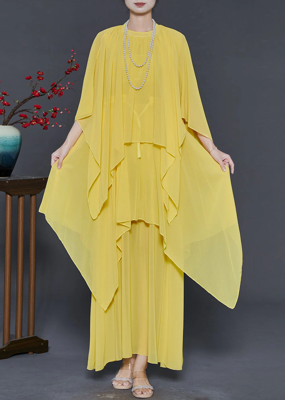 Elegant Yellow Chiffon Long Dresses Asymmetrical Design Summer - Image 3