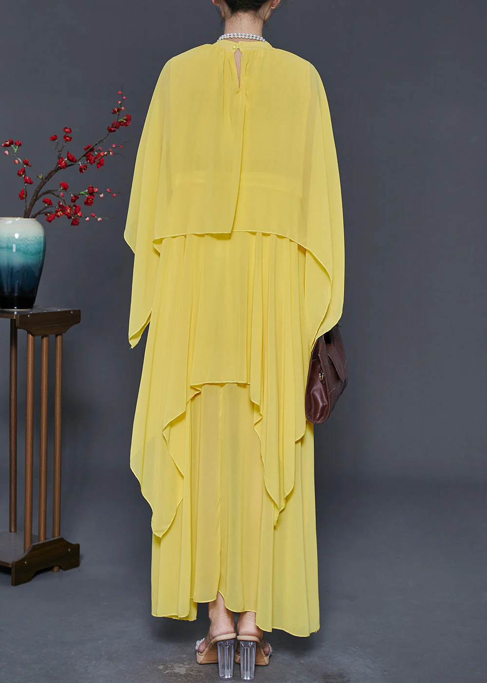 Elegant Yellow Chiffon Long Dresses Asymmetrical Design Summer - Image 4