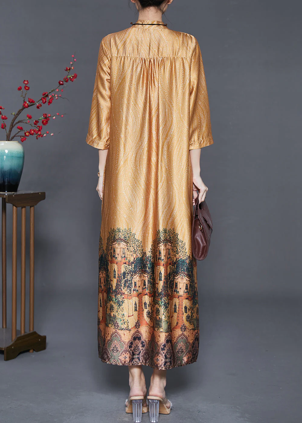 Elegant Yellow Hollow Out Print Wrinkled Silk Shirt Dresses Summer - Image 4
