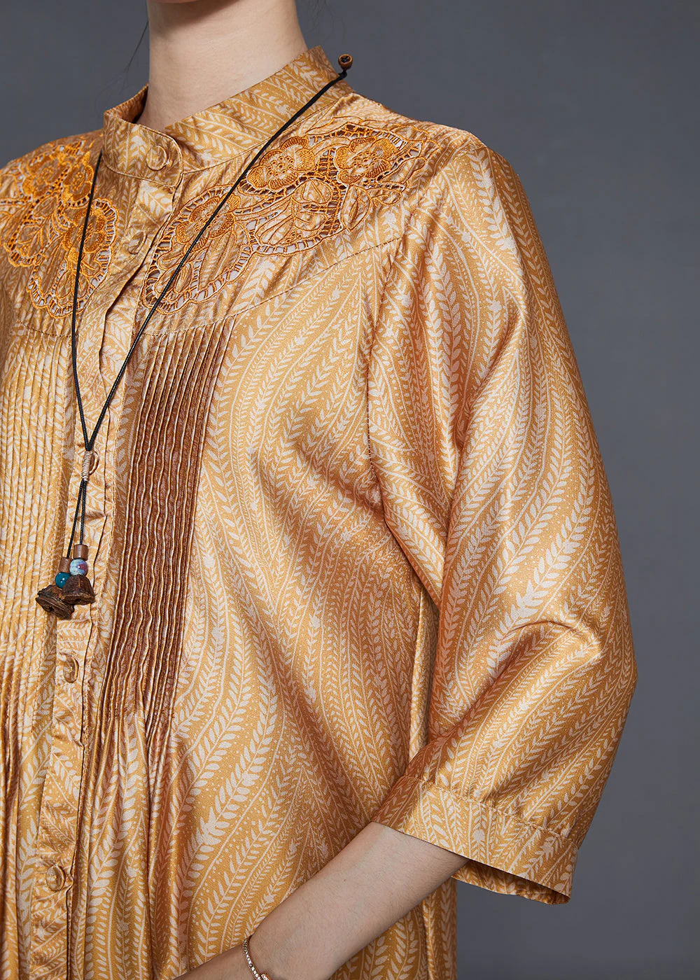 Elegant Yellow Hollow Out Print Wrinkled Silk Shirt Dresses Summer - Image 5