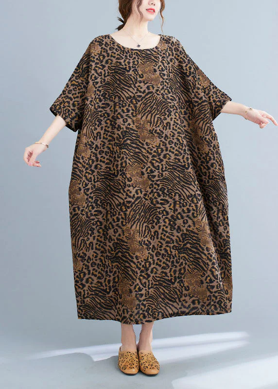 Elegant Yellow Leopard Pockets Print Cotton Loose Dresses Half Sleeve - Image 3