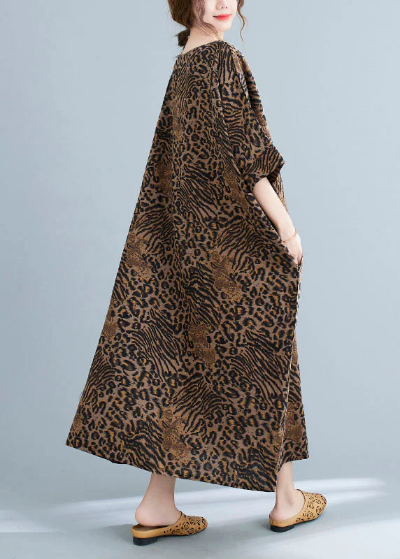 Elegant Yellow Leopard Pockets Print Cotton Loose Dresses Half Sleeve - Image 4