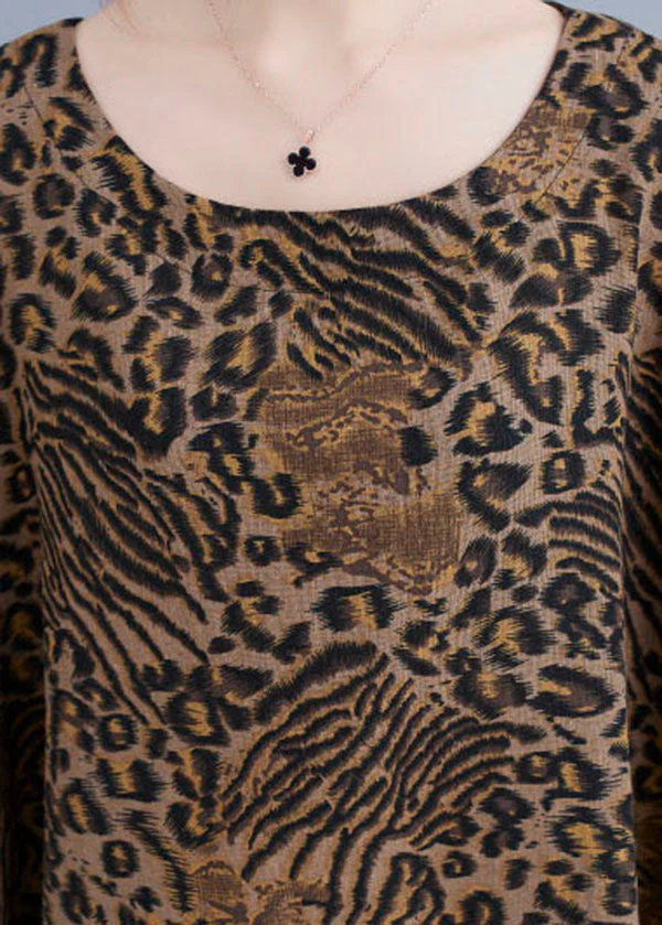 Elegant Yellow Leopard Pockets Print Cotton Loose Dresses Half Sleeve - Image 5