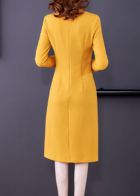 Elegant Yellow O-Neck Embroidered Button Maxi Dress Fall - Image 5
