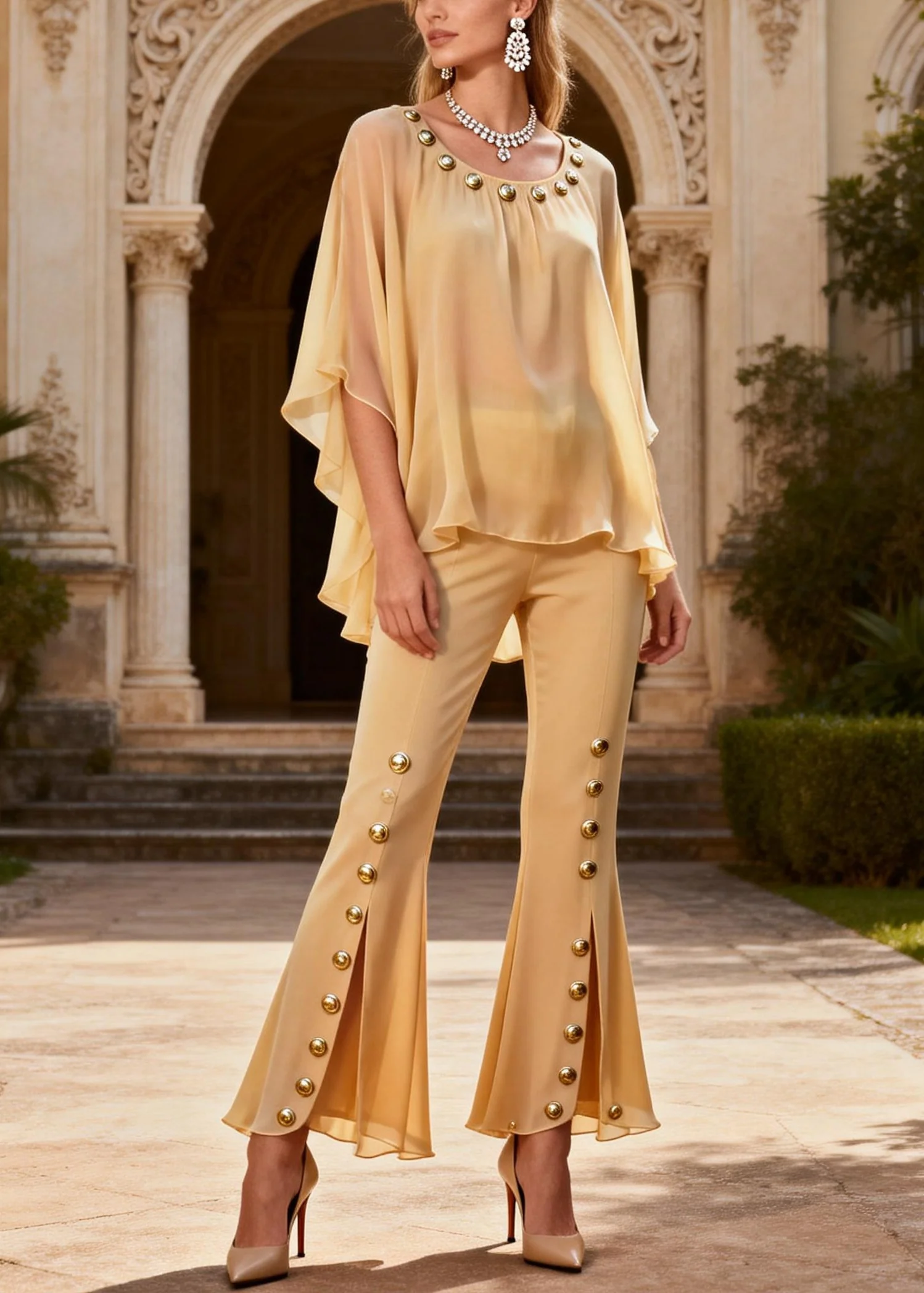 Elegant Yellow O-Neck Rivet Chiffon Top And Flared Trousers Two Piece Set Flare Sleeve