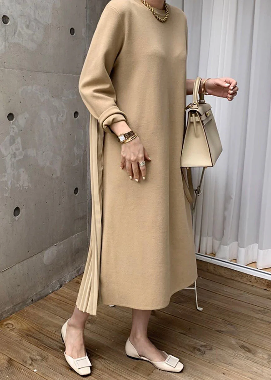 Elegant Yellow O Neck Wrinkled Patchwork Cotton Long Dress Winter - Image 2