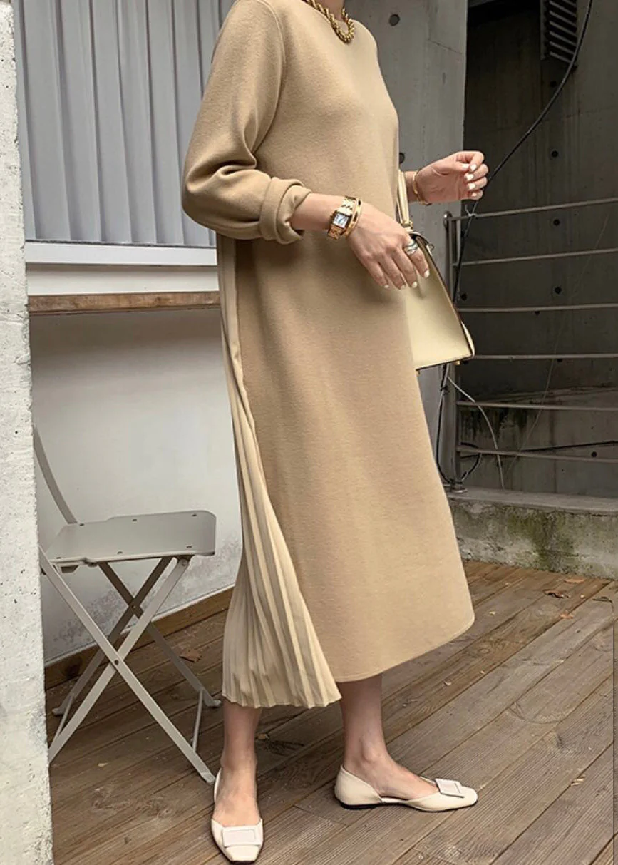 Elegant Yellow O Neck Wrinkled Patchwork Cotton Long Dress Winter - Image 3