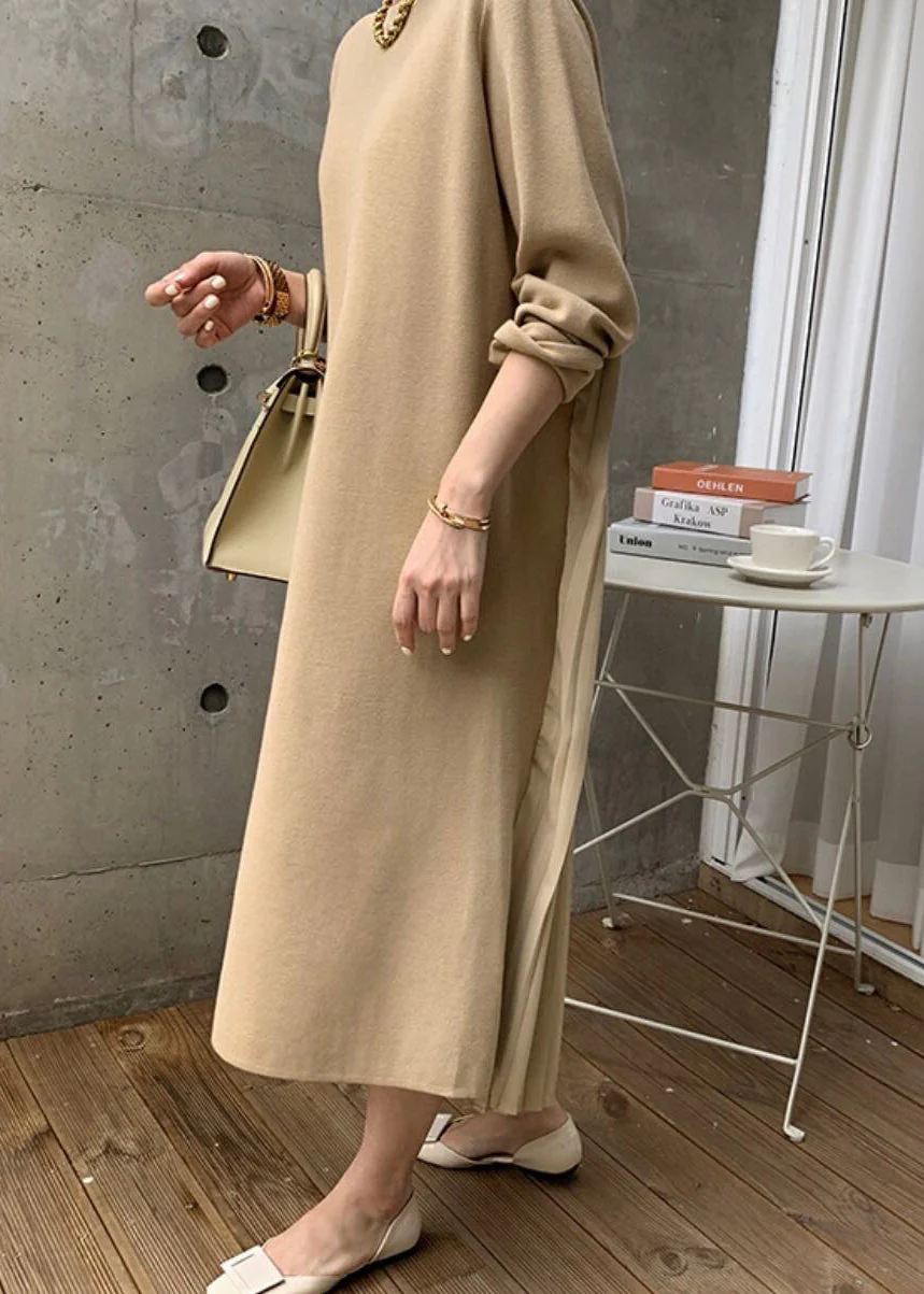 Elegant Yellow O Neck Wrinkled Patchwork Cotton Long Dress Winter - Image 4
