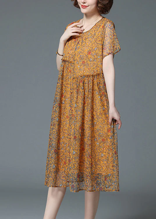 Elegant Yellow O-Neck Wrinkled Ruffled Print Chiffon Dress Short Sleeve - Image 3