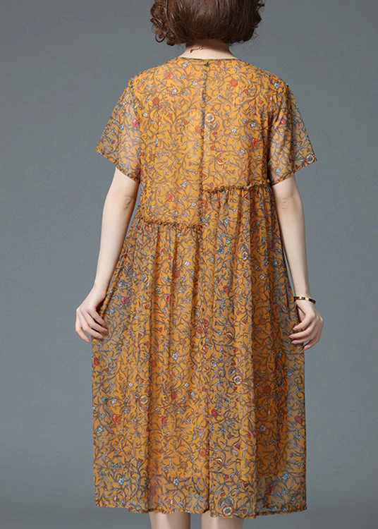 Elegant Yellow O-Neck Wrinkled Ruffled Print Chiffon Dress Short Sleeve - Image 4