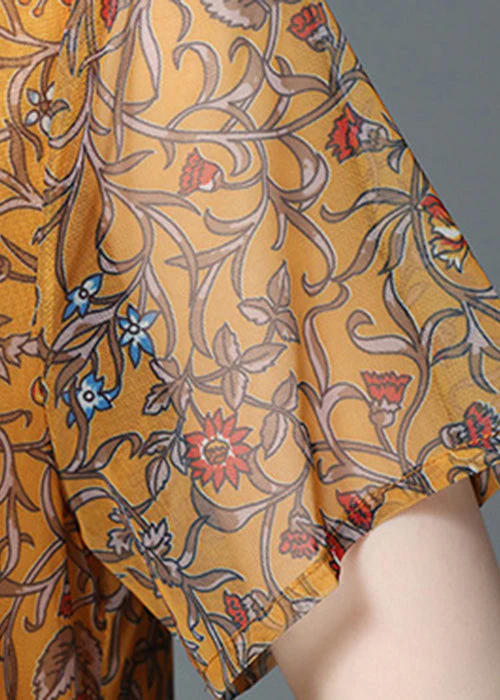 Elegant Yellow O-Neck Wrinkled Ruffled Print Chiffon Dress Short Sleeve - Image 5