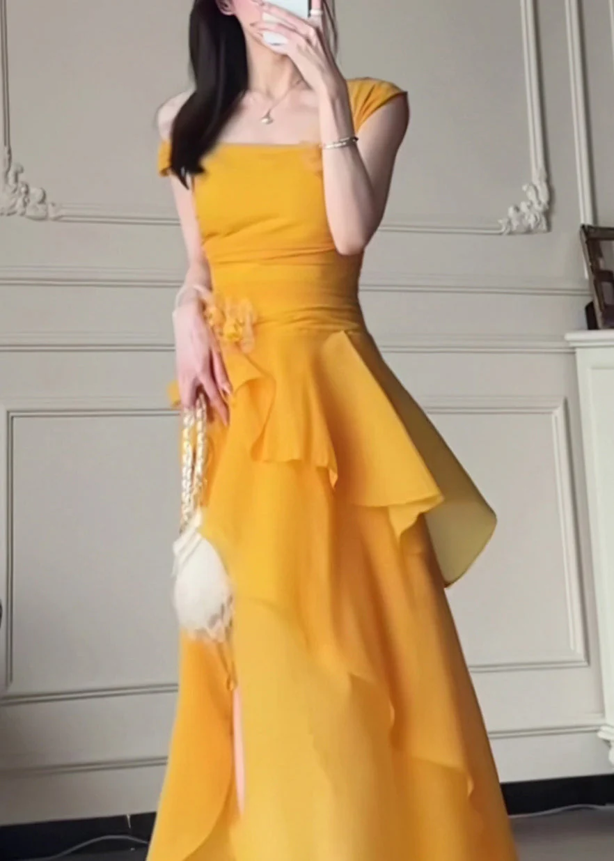 Elegant Yellow One Shoulder Asymmetrical Patchwork Solid Long Dress Summer - Image 2