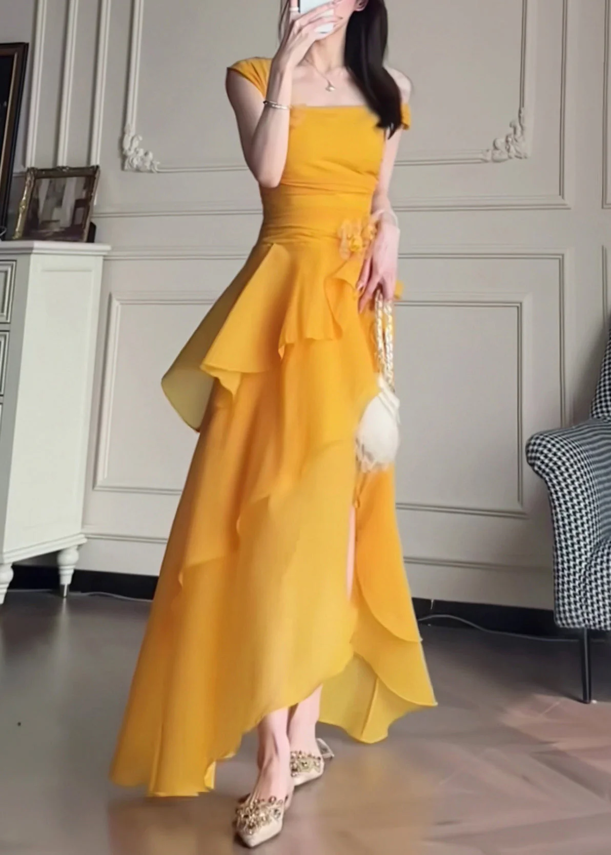 Elegant Yellow One Shoulder Asymmetrical Patchwork Solid Long Dress Summer - Image 3