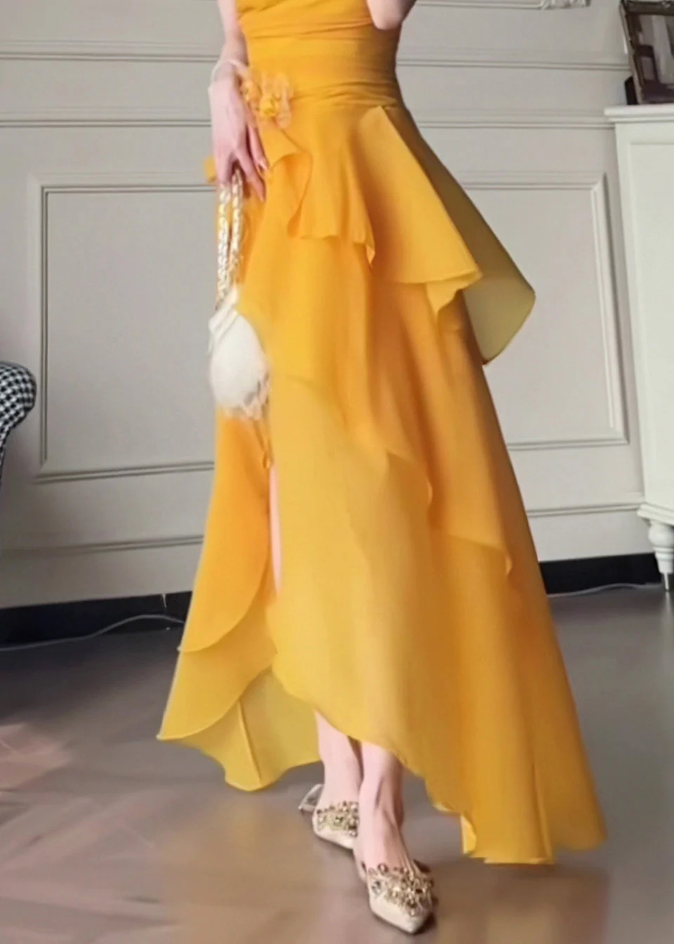 Elegant Yellow One Shoulder Asymmetrical Patchwork Solid Long Dress Summer - Image 4