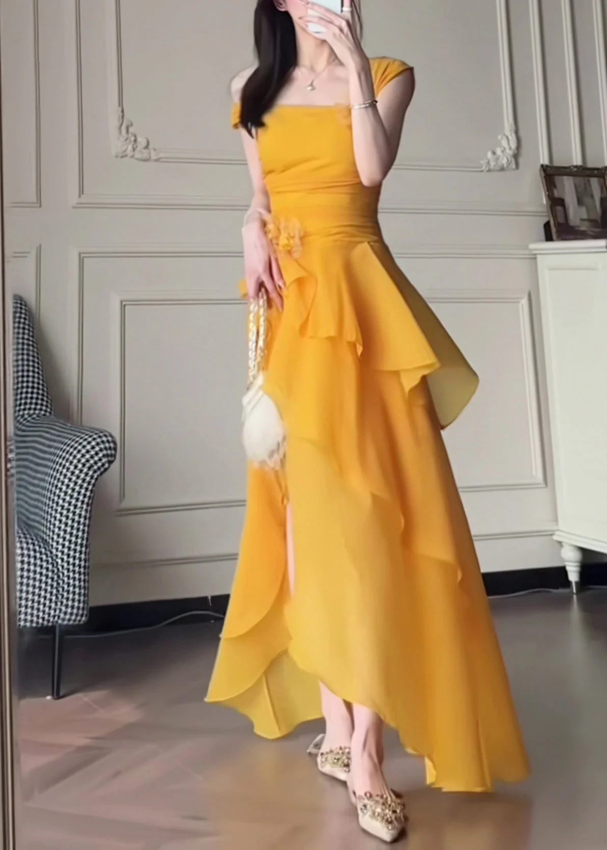 Elegant Yellow One Shoulder Asymmetrical Patchwork Solid Long Dress Summer - Image 5