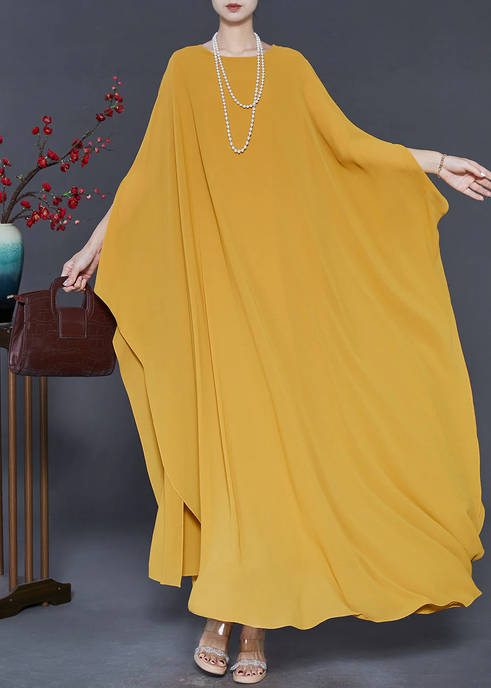 Elegant Yellow Oversized Chiffon Party Dress Batwing Sleeve - Image 2