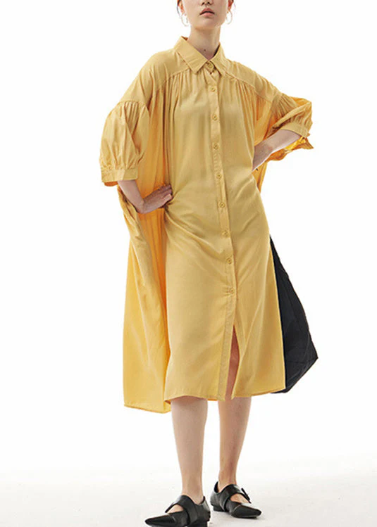 Elegant Yellow Peter Pan Collar Button Holiday Long Shirts Dress Summer - Image 2