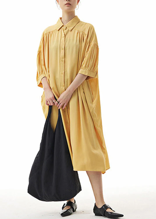 Elegant Yellow Peter Pan Collar Button Holiday Long Shirts Dress Summer - Image 3