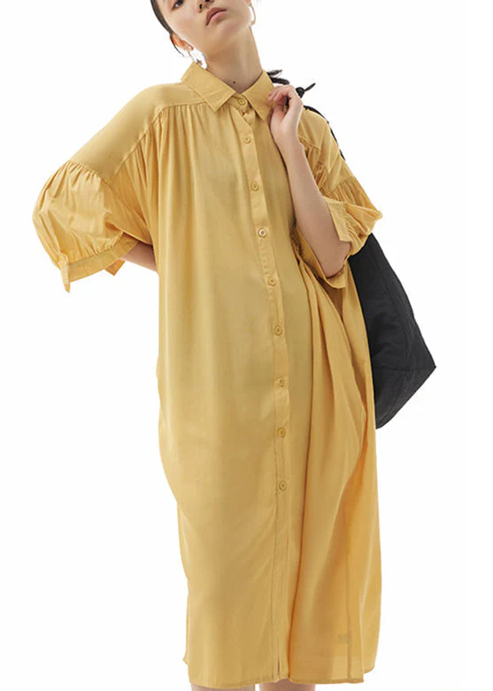 Elegant Yellow Peter Pan Collar Button Holiday Long Shirts Dress Summer - Image 4
