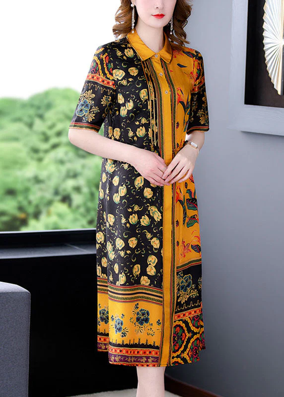 Elegant Yellow Peter Pan Collar Print Silk Shirt Dress For Women Short Sleeve - Image 2