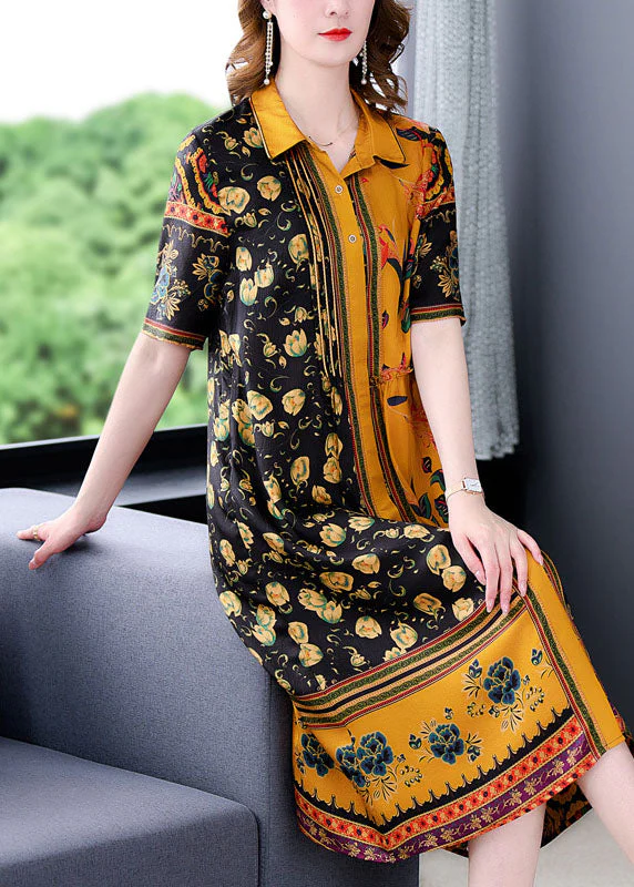 Elegant Yellow Peter Pan Collar Print Silk Shirt Dress For Women Short Sleeve - Image 3