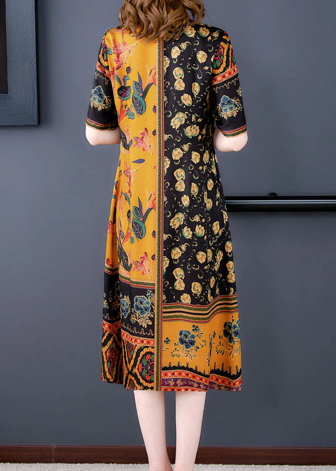 Elegant Yellow Peter Pan Collar Print Silk Shirt Dress For Women Short Sleeve - Image 4