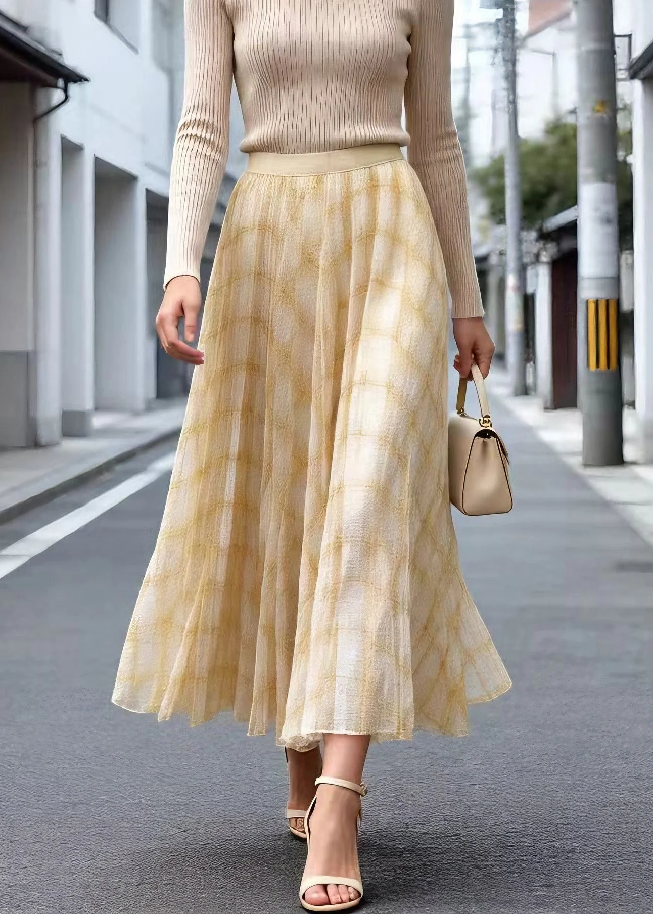 Elegant Yellow Plaid Wrinkled Tulle Skirt Summer - Image 3