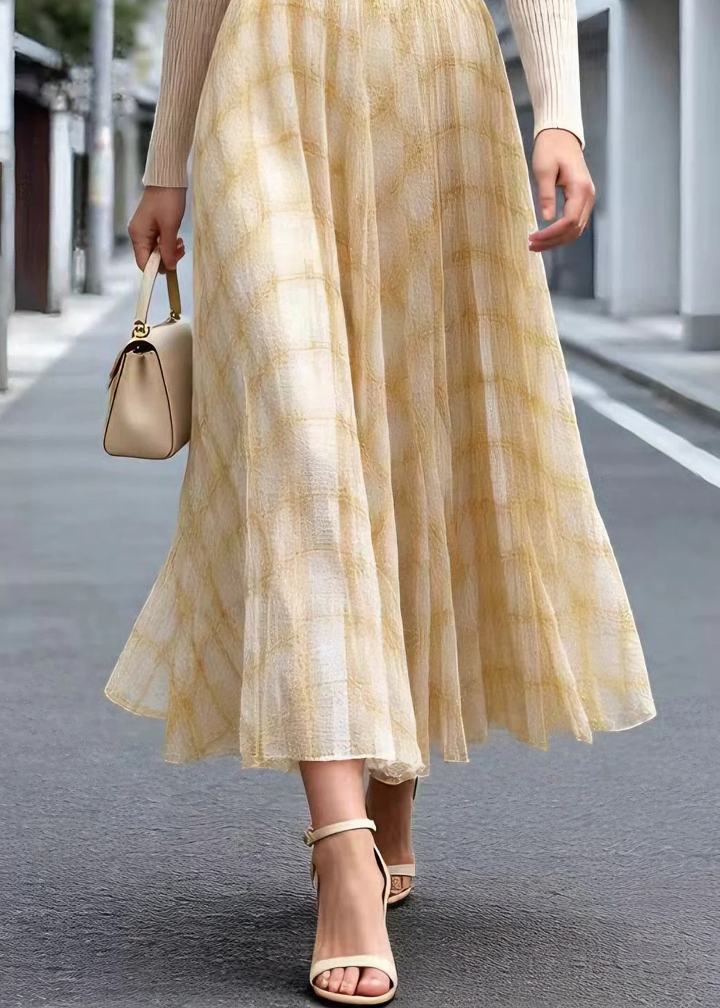 Elegant Yellow Plaid Wrinkled Tulle Skirt Summer - Image 4