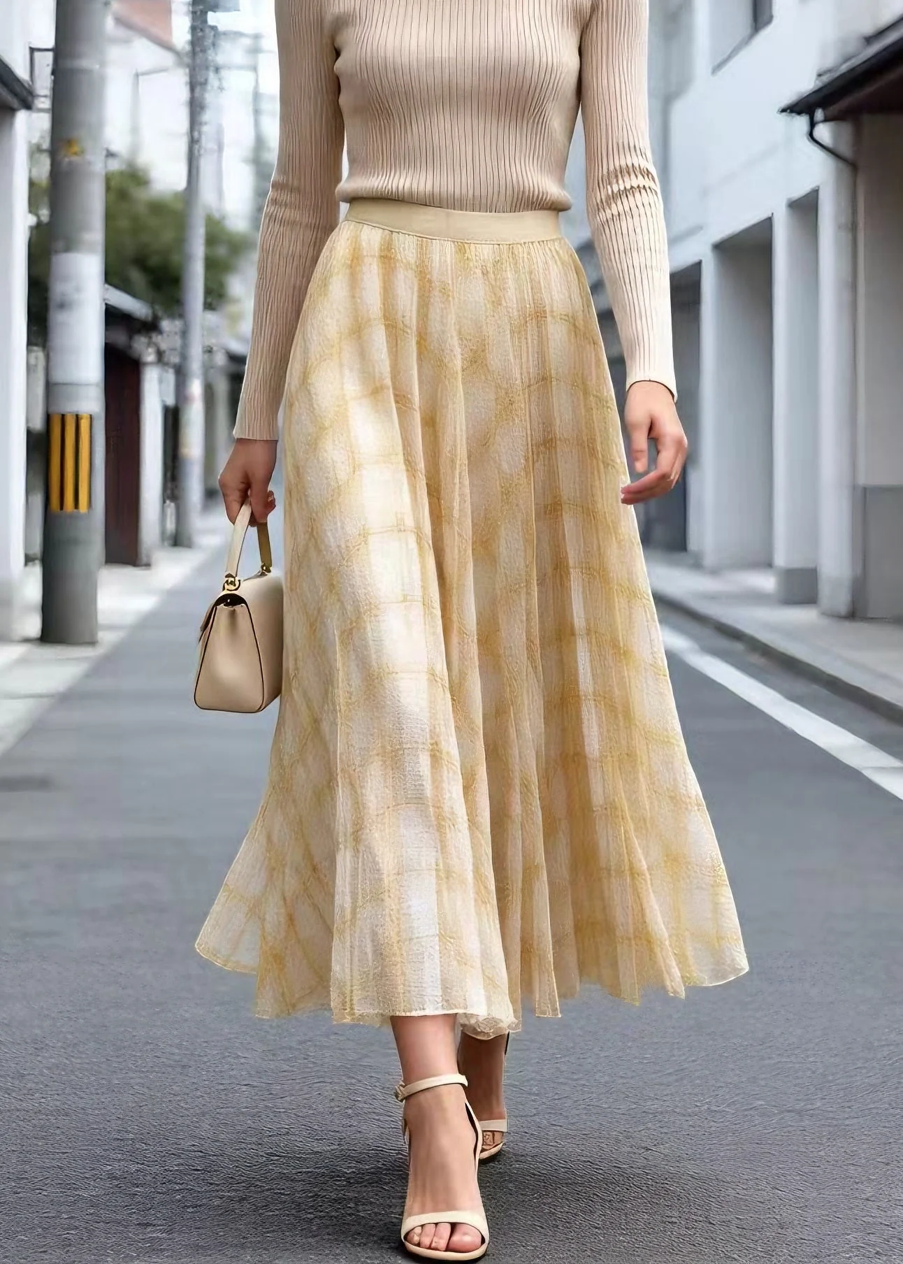 Elegant Yellow Plaid Wrinkled Tulle Skirt Summer - Image 5